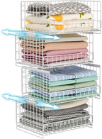 4-Tier Sliding Closet Organizers and Storage Shelves, Stackable Closet Shelf Organizer Basket Bins, Drawer Shelf Storage Container for Wardrobe Cupboard Kitchen Bathroom Office, White