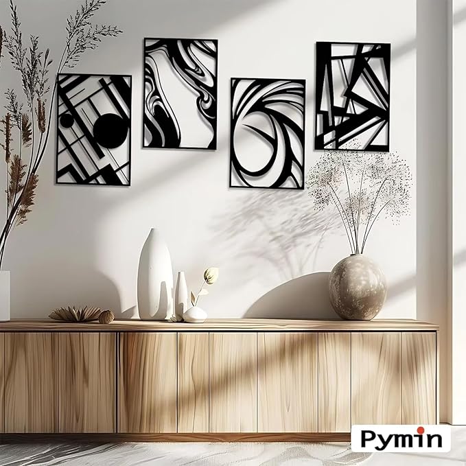 Pymin 4 Pack Modern Metal Abstract Wall Art, Minimalist Matte Black Single Line Art Décor, 3D Sculptures Textured Hanging Wall Home Decor and Shadow Effect Wall Decor for Living Room Bedroom, 16"x11"