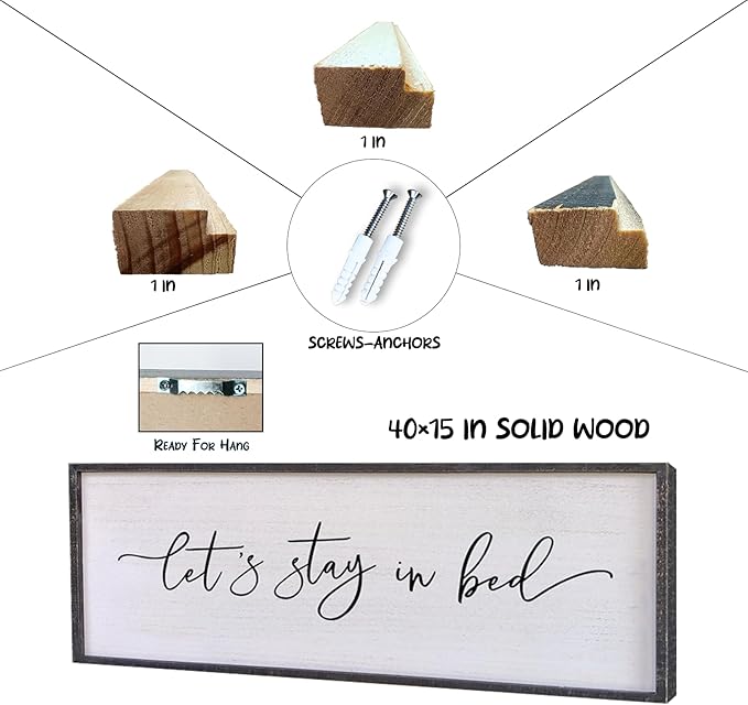 Surfapans Lets Stay In Bed Wall Decor 40”X15” Large Farmhouse Master Room Above Bed Soild Wood Framed Rustic Guest Room Sign Beautiful And Simple Plaque Over Bed Hanging Wall Art Decoration (Black)