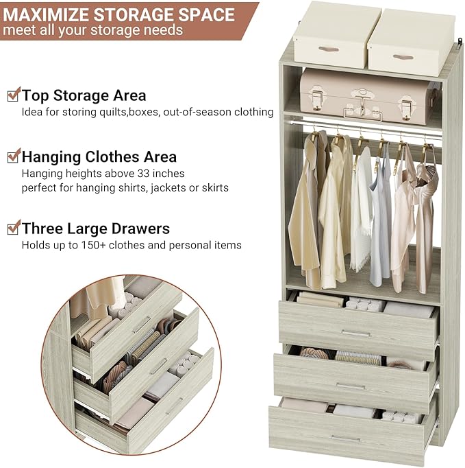 Closet System Set of 2, 4FT Closet Systems with 6 Wood Drawers, 48" Closet Organizer System with 2 Hanging Rods & 2 Shelves, Heavy Duty 48 Inch Walk-in Closet, White Oak (48"L x 15" W x 80" H)