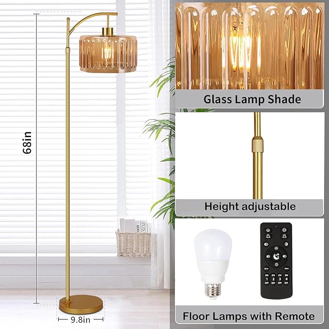 Glass Floor Lamp for Living Room,Bedroom,Gold Dimmable Standing Lamp with Remote,Mid Century Modern Brass Tall Lamp Boho Vintage Retro Floor Lamps Arc Amber Flower Floor Light Lamp Bohemian