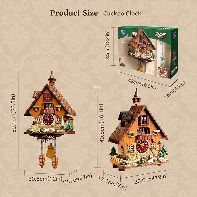 PANTASY Cuckoo Clock Building Block Set-Vintage Chalet Design, Real Working Mechanical Wall Clock Model with Motorized Cuckoo, Rotating Stage, and Waterwheel-Perfect for Adult Builders and Home Décor