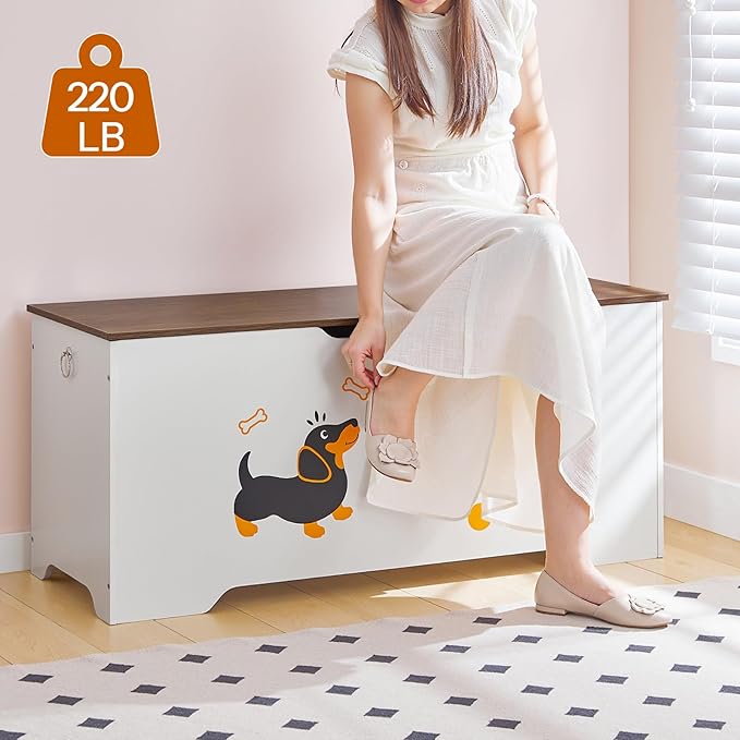 HOOBRO Toy Box, Toy Chest with 2 Safety Hinges, 43.3" Storage Bench, Wooden Storage Chest, for Entryway, Bedroom, Living Room, White and Walnut WH495CW01