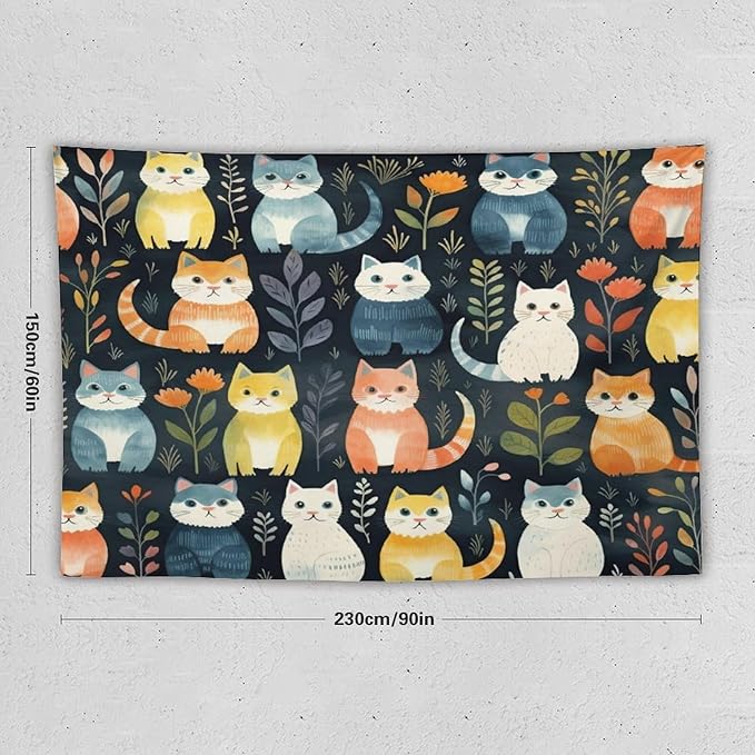VUMIVI Cartoon Abstract Cat Tapestry Fun Cute Animals Plants Bohemian Modern Art Color Illustration Tapestry Wall Hanging for Living Room Bedroom Dorm Classroom Aesthetic Decor W90xL60in