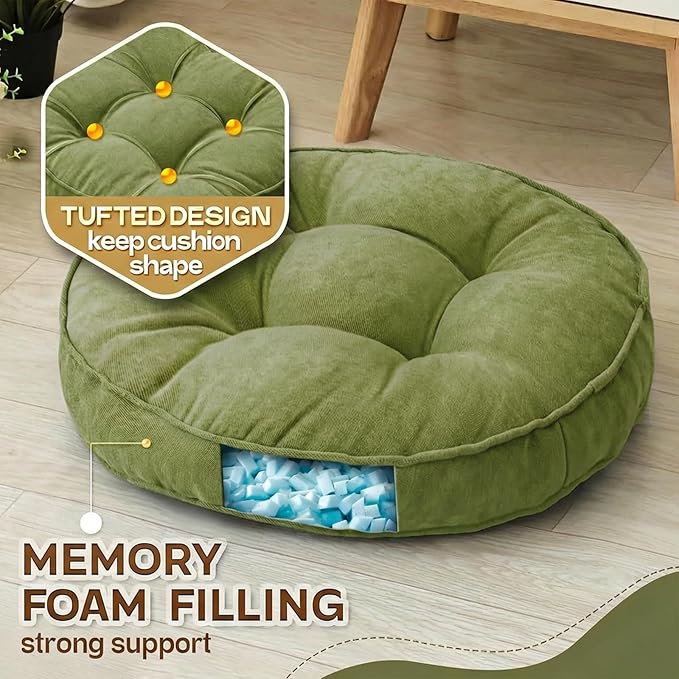 Floor Pillow Set of 2, Memory Foam Floor Cushions for Adults, Large Meditation Pillow for Sitting, 22 x 22 Inches (Round | Green)