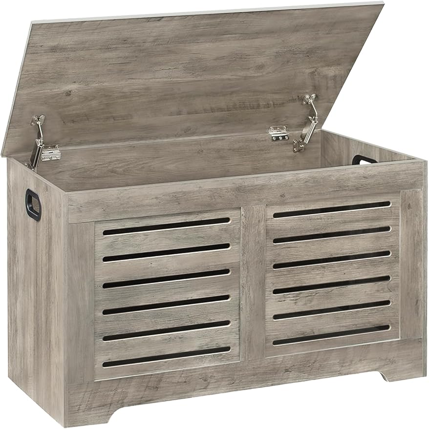 DINZI LVJ Storage Chest, Flip-Top Wooden Toy Box with 2 Safety Hinges, Entryway Shoe Storage Bench, Good Ventilation, Storage Trunk for Living Room, Bedroom, Easy Assembly, Gray Wash