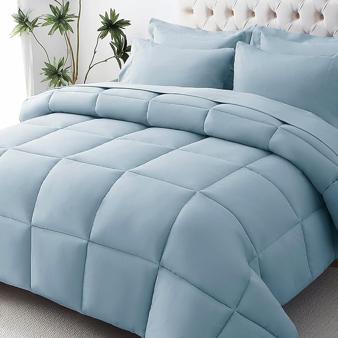 JOLLYVOGUE Full Comforter Set, Ultra-Soft Bed in a Bag Full Size 7 Pieces, Oeko-TEX Certified Bedding Set with Down Alternative Comforter, Sheets, Pillowcases & Shams, Lake Blue