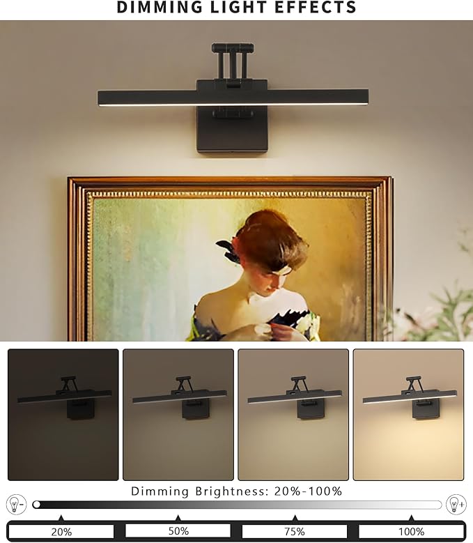 Hard-Wired Picture Light Dimmable LED Picture Lights for Paintings 15.7" Inch Black Metal Body Wall Pictures with Adjustable Swing Arm Art Display Lamps 7W 3000K Warm White Book Light
