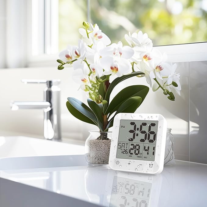 Shower Clock Waterproof, Bathroom Kitchen Wall Clock Timer with Touch Screen, Temperature, Battery Operated, Suction Cup Hanging Hole Stand, White