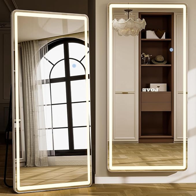 GLSLAND Full Length Mirror with Lights, 71"x30" Dimmable Floor Mirror – 3-Color Lighting, Standing or Wall-Mounted LED Body Mirror for Bedroom & Cloakroom