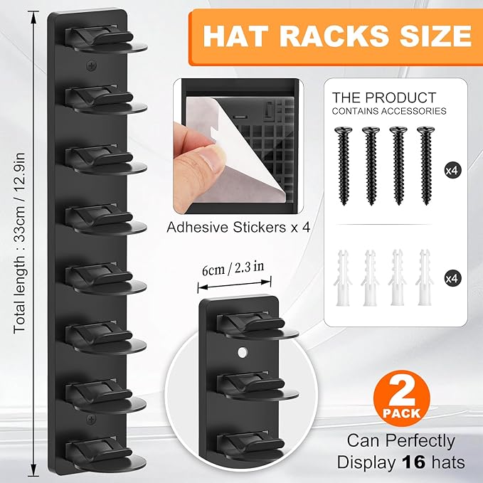 1 Pack Hat Organizer for Baseball Caps, Hat Rack for Wall Hold Up 8 Hats, Strong Adhesive & Screw-in Cap Holder hat hangers for Closet Door & Bedroom (Black-1Pack)