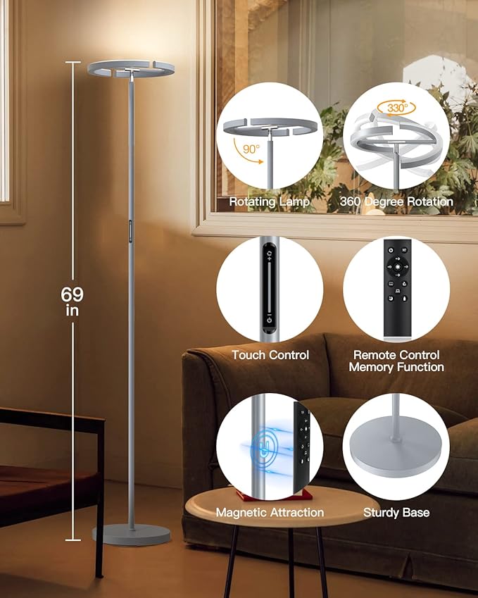 Silver Floor Lamps for Living Room, Stepless Dimmable Standing Lamp with Touch Remote Control, 22W Rotatable LED Floor Light Tall Uplighter for Bedroom Office, 69'' Modern Room Light