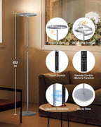 Silver Floor Lamps for Living Room, Stepless Dimmable Standing Lamp with Touch Remote Control, 22W Rotatable LED Floor Light Tall Uplighter for Bedroom Office, 69'' Modern Room Light