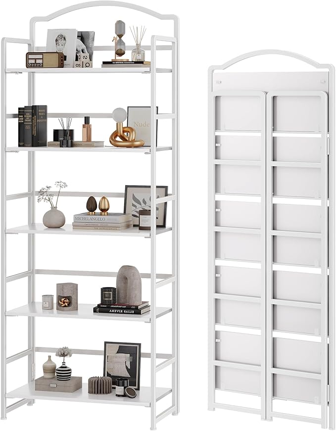 JSB No Assembly Folding Bookshelf, 5 Tier Book Shelf for Storage, Vintage Wood Foldable Bookcase for Living Room, Bedroom, Office Organization Shelves