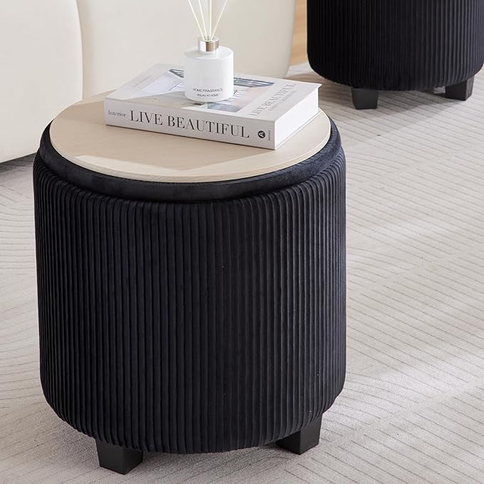 Big Round Ottoman with Storage Set of 2-Upholstered Velvet Vanity Stool for Makeup Multifunctional Foot Rest Coffee Table Padded Seat Tufted Ottomans for Living Room&Bedroom (Big Black)