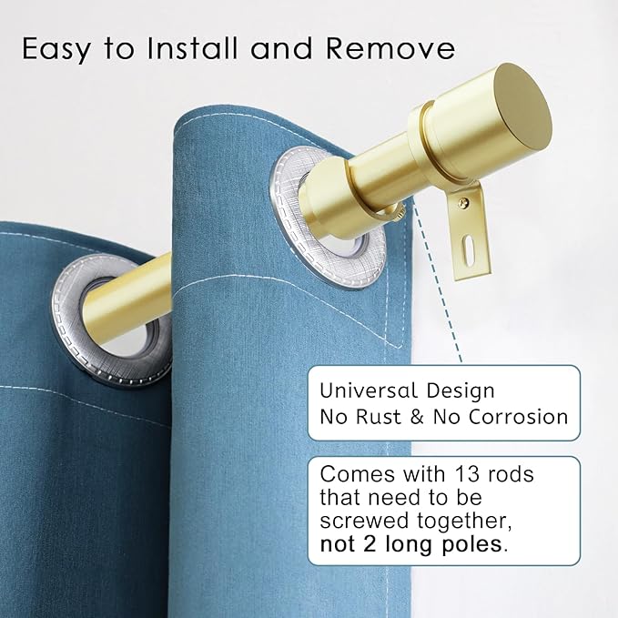 Curtain Rods for Windows 16 to 200 Inches Adjustable Length 1 Inch Diameter Window Curtain Rod with Aluminium Finials, Warm Gold