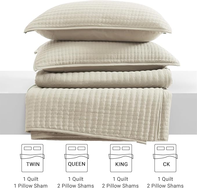 WRENSONGE King Size Quilt-3 Pieces Lightweight Bedspreads Light Oatmeal King Quilt Bedding Set for All Seasons, Soft Summer Coverlet with 2 Pillow Shams Suitable for Bed, Couch, Quilt Blanket