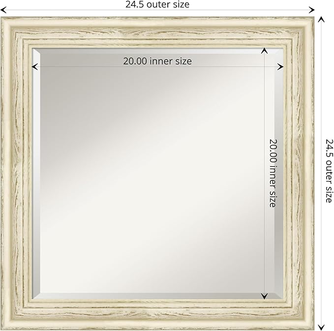 Amanti Art White Wall Mirror 24x24 Country White Wash Square Bathroom Mirror for Wall Decor Living Room, Medium Country Rustic Wood Frame, Hangs Horizonally and Vertically, Bathroom Decor, Beveled