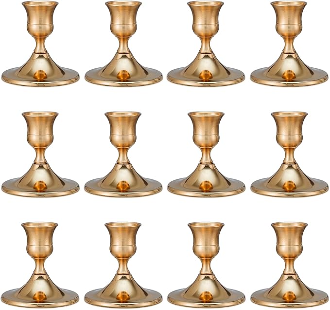 12 Pcs Silver Taper Candle Holders Vintage Candlesticks Holder for Home Decor Table Centerpiece Dining Party Festival Decorations (Gold)