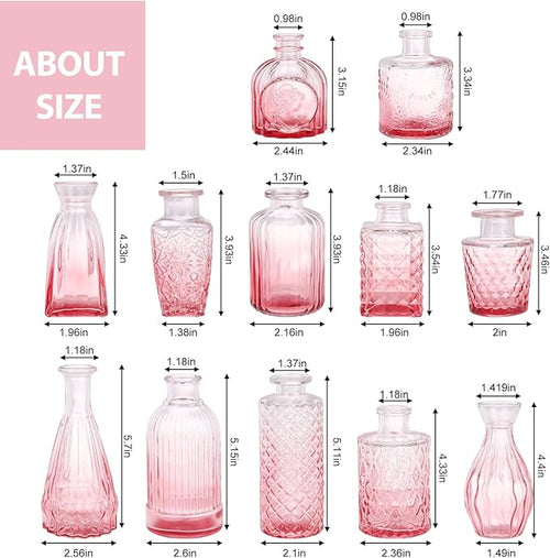 12 Pack Pink Glass Bud Vase Set, Small Vintage Vases for Centerpieces, Decorative Flower Vases for Wedding Home Table Decor