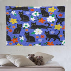 VUMIVI Black Cat Floral Tapestry Red White Hand-Painted Flowers Cute Animals Kids' Doodles Tapestry Wall Hanging for Living Room Bedroom Dorm Classroom Aesthetic Decor W90xL60in