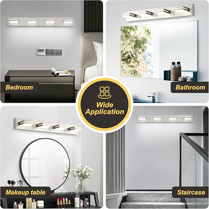 OKELI 4 Lights Bathroom Vanity Light Fixtures Brushed Nickel LED Dimmable Vanity Light Over Mirror Modern Wall Mounted Lighting Fixture, 350° Rotatable Lamp Head 32W Cold White 6000K ETL Listed