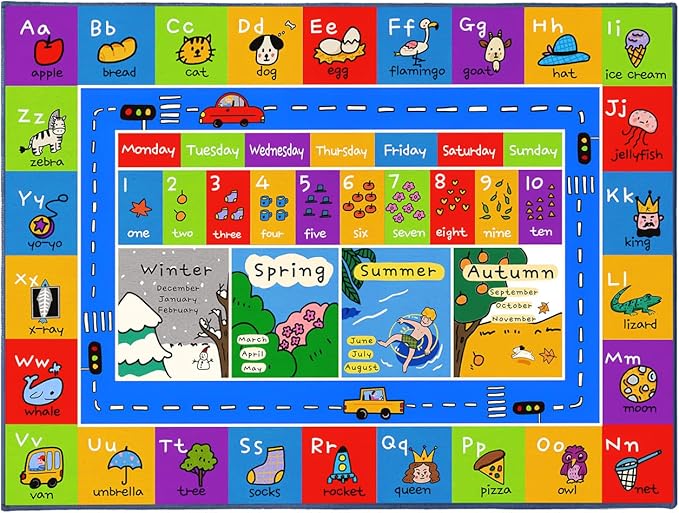 Booooom Jackson ABC Rug Kids Rug Educational Rugs Non-Slip Kids Carpet with Alphabet, Number Mat for Children, Baby, Toddler Play, 4'11'' x 6'67''