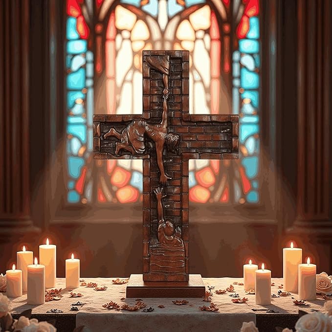 Crucifix Wall Cross for Home Decor, Handmade Religious Wood Cross for Hanging Wall Or Table, Catholic Christian Gifts for Church Home Room Christmas Décor with Blessed, Symbol of Redemption, 15 in