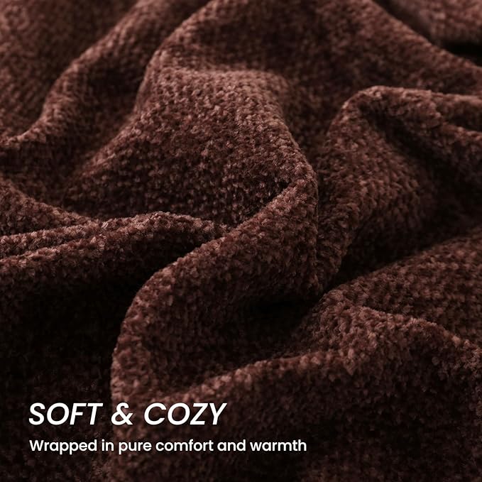 Yoenille Rust Brown Chenille Throw Blanket for Couch Bed，Soft Cozy Throw Blanket with Handmade Fringe, Decorative Blanket for Sofa Chair Living Room for Gift, (Rust Brown,60" x 80")