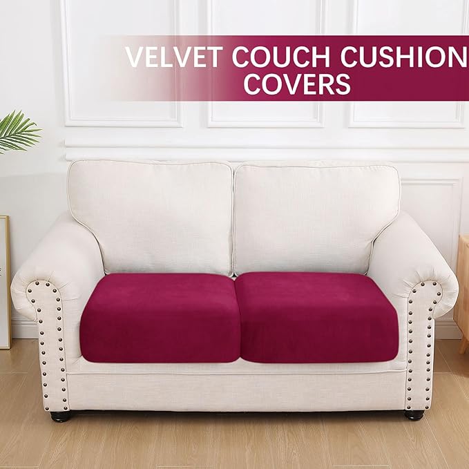 hyha Velvet Couch Cushion Covers, Soft Sofa Seat Covers for sectional 2 Cushion Couch Washable, Magic Sofa Slipcover with Elastic Bottom, Non-Slip Furniture Protector for Pets, Kid(2PC, Wine Red)