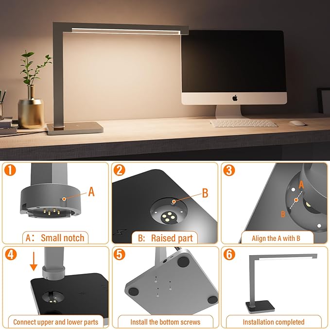 Aluminum LED Desk Lamp with Charging Station, 15W Smart Table Lamp with Type-C Ports & 4 Color Temperature Modes(3000K-6000K), Dimmable Reading Light for Home Office,Bedroom (Includes Adapter)