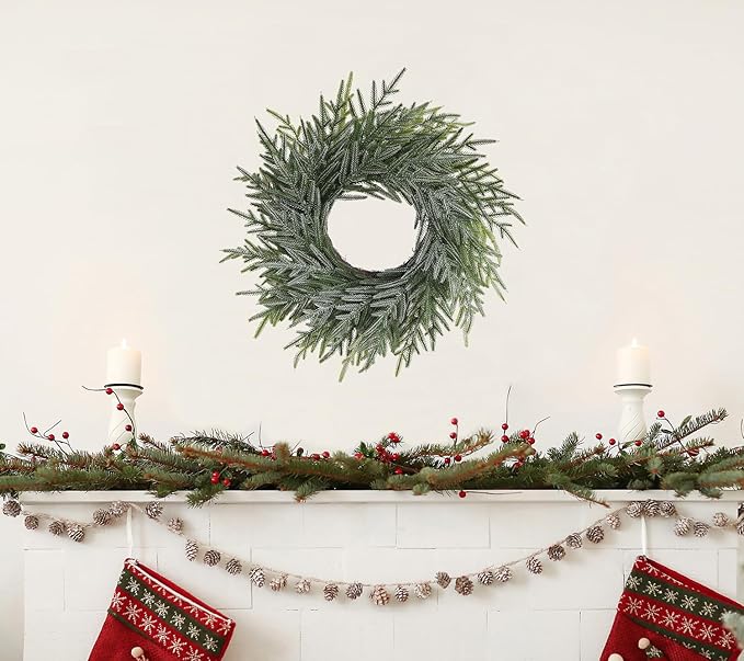 20 Inch Norfolk Pine Winter Wreath (Green & White) - Artificial Pine Greenery Christmas Winter Wreaths for Front Door Porch Wall Window Porch Fireplace Indoor Outdoor Decor Decorations