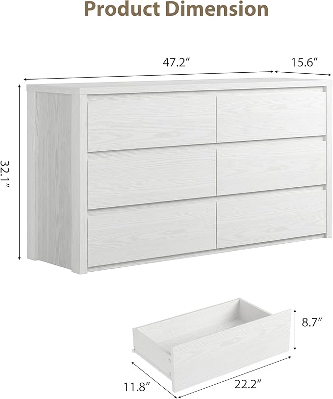 GarveeHome 6 Drawer Dresser for Bedroom, Wide Wood Chest of Drawers Handle Free, Large Modern Dresser Storage Cabinet for Living Room, Hallway Entryway