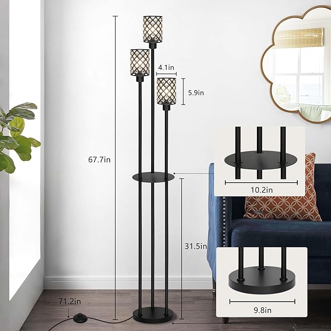Floor Lamps for Living Room, Standing Floor Lamp with Shelves, Tall Lamp with Table, Modern Mid Century Floor Lamp with E26 Base, Coner Crystal Floor Light for Bedroom (Without Bulb)