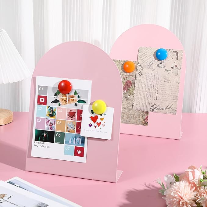 Shimeyao 2 Pcs Pink Magnetic Bulletin Board for Tabletops with 8 Magnets 12 x 8.5 Inch Memo Display Easel Stand for Home Office School Kitchen Table Supplies (Arched)