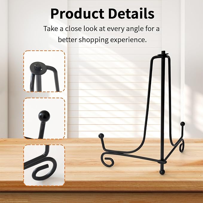 Iron Plate Stands for Display, Foldable Book Holder & Easel Stand for Sign, Versatile Poster Stand and Small Plate Stand for Home Decor, Art, Photo Frame, Card, Crystal Display (Black, 10 inch (2Pcs))