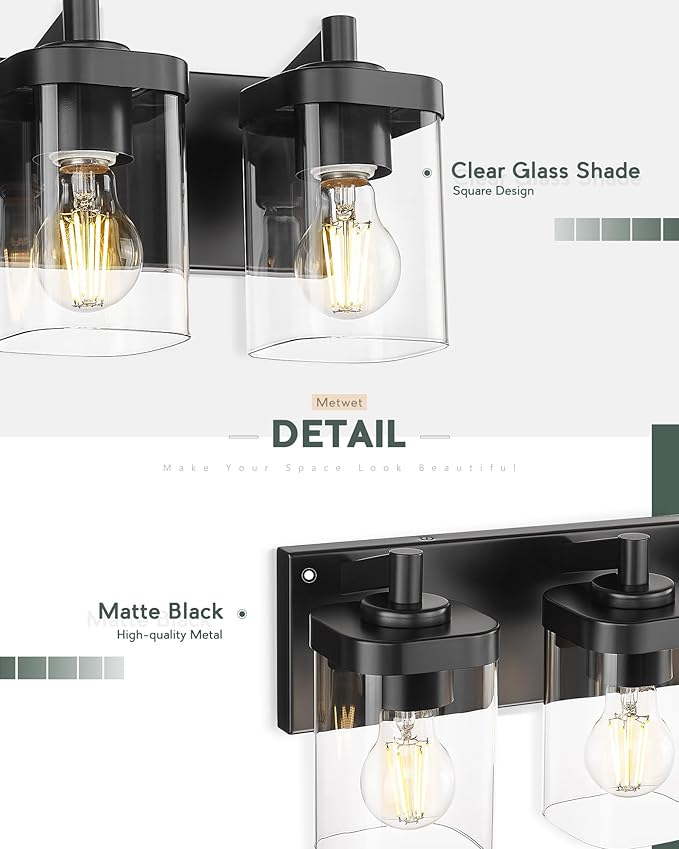 Bathroom Light Fixtures Over Mirror, 3-Light Matte Black Vanity Light with Square Clear Glass Shade, Modern Wall Sconces, Vanity Lighting Fixtures, VL194-MB-3