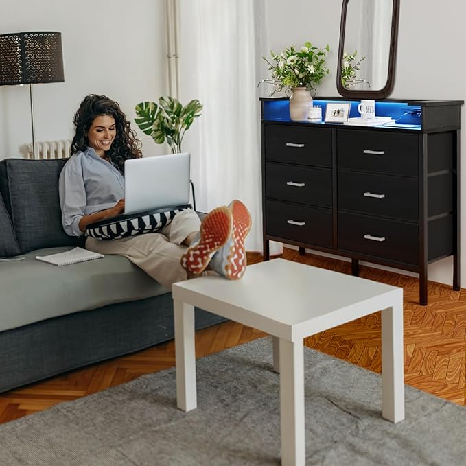 BOLUO Black Dresser with LED Light and Charging Station for Bedroom 6 Drawer Dresser with USB Outlet, Fabric Dressers & Chests of Drawers Modern
