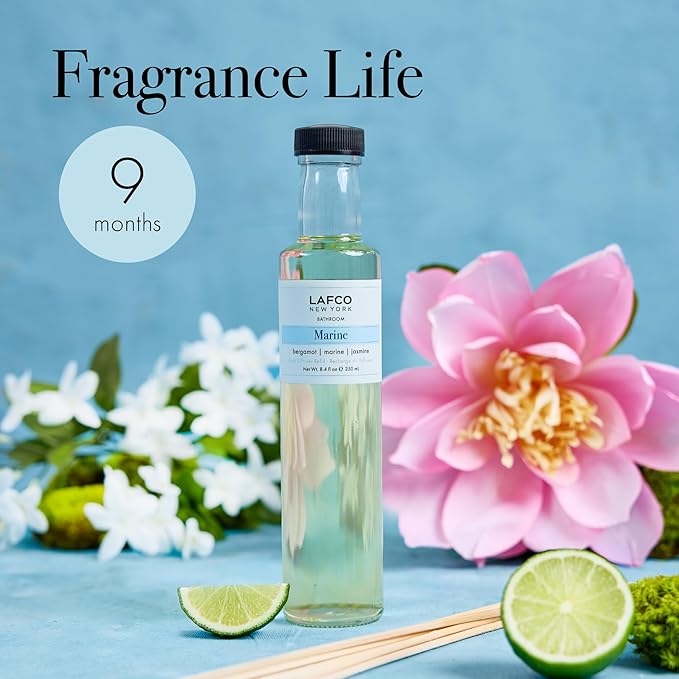 LAFCO New York Signature Reed Diffuser, Marine - 15 oz - Up to 9 Months Fragrance Life - Reusable, Hand Blown Glass Vessel - Natural Wood Reeds - Made in The USA