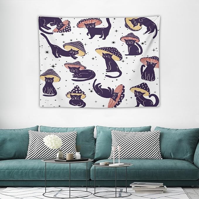 VUMIVI Funny Cat Mushroom Tapestry Retro 70s Hippie Style Cute Black Kitten Star Aesthetic Art Print Tapestry Wall Hanging for Living Room Bedroom Dorm Classroom Aesthetic Decor W40xL30in