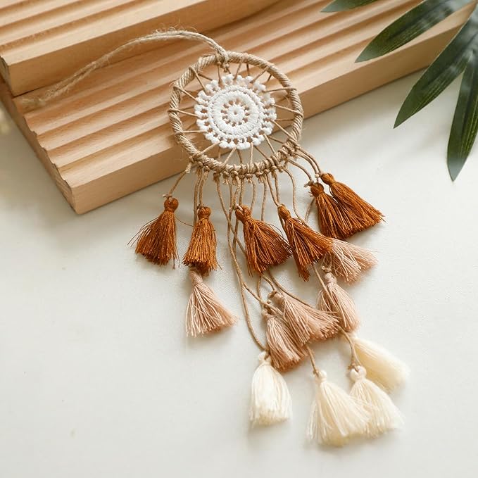 Artilady Small Dream Catcher for Cars - Bohemian Mini Dream Catchers for Cars Rear View Mirror Hanging Decoration (Orange)
