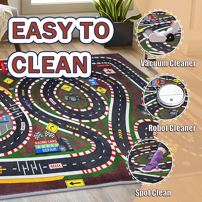 Kids Rug,Children's Room Rug,Road Race Play Rugs, Rail City Living Rugs, Washable Non-Slip Play Mats. (Crimson, 31x47in)
