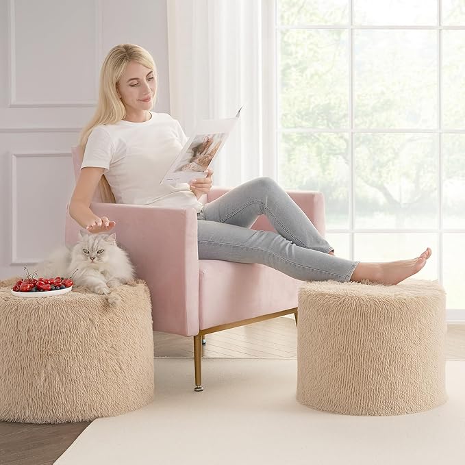 Hansleep Round Pouf Ottoman Foot Rest, 20 x 15 Small Faux Fur Stuffed Pouf for Chair, Foam Filled Foot Stools Ottomans for Living Room, Brown