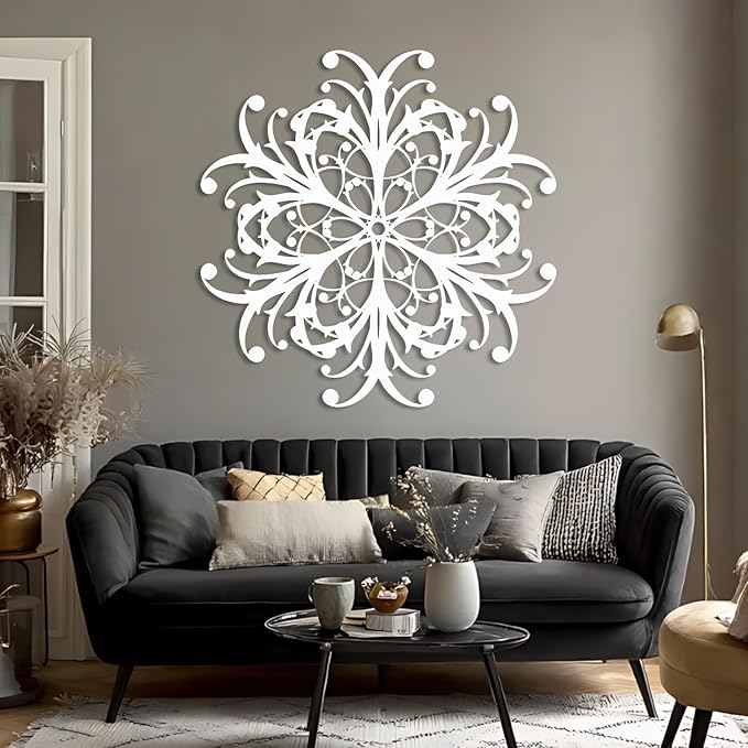 Maclou Geometric Metal Wall Art, Wrought Iron Wall Decor, Metal Scroll Wall Decor, Vintage Farmhouse Wall Hanging for Living Room, Bedroom, Bathroom (White,19"x19" / 47x47cm)