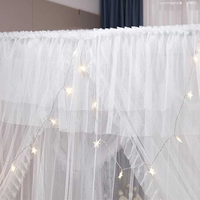 VETHIN 4 Corners Post Ruffle Princess Bed Canopy Curtain-Double Layer Cozy Drape Netting 4 Opening Mosquito Net for Girls Adults Bedroom Decoration (White/White, 53" W*78" L*82"*H/(Full))