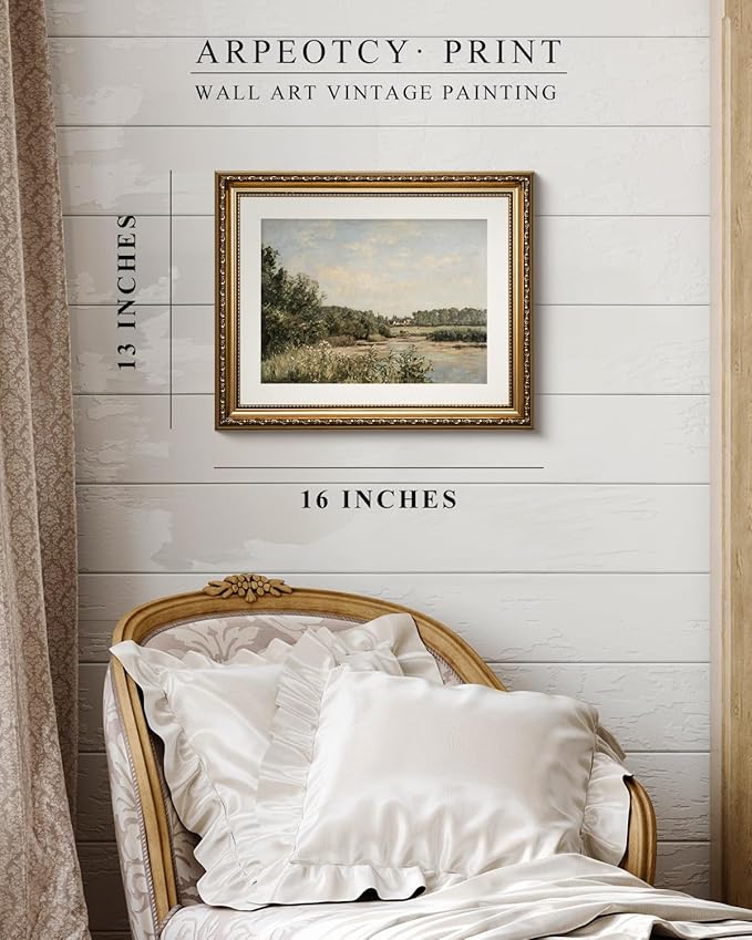 ARPEOTCY Vintage Gold Framed Wall Art Decor, Nature Landscape RiversideTrees Paintings, Victorian Wall Decor for Living Room Bedroom Bathroom, Canvas Prints Antique Frame Artwork, 13x16 inch