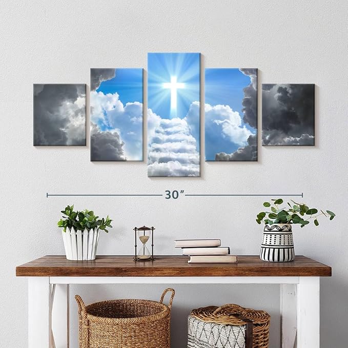 Elephant Stock Stairway To Jesus Christ Wall Art Multi Piece Canvas - 5 Panel Christian Pictures Decor - Digital Design Canvas Print - Christian Wall Decor - 36" X 15"