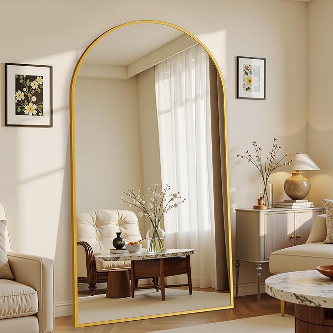 Suidia Arched Full Length Mirror, 86"x46" Floor Mirror Freestanding, Floor Standing Full Body Mirror with Stand for Bedroom, Hanging Leaning Mounted for Living Room Cloakroom, Gold