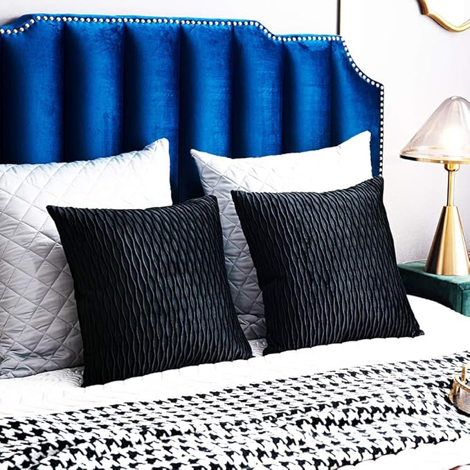 Black Striped Decorative Pillow Covers: 2 Pack 24x24 Inch Original Velvet Square Throw Pillow Cases for Farmhouse Couch
