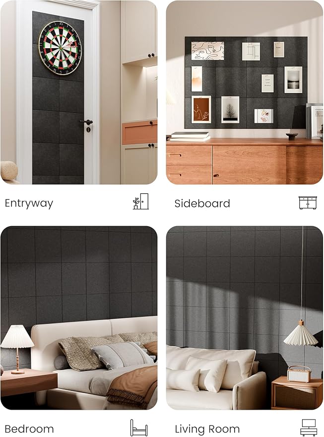 Bumusty Large Cork Board 48" x 36" Alternative - 12 Pack Felt Wall Tiles with 70 Safe Removable Adhesive Tabs, 30 Pushpins, Cork Boards for Walls Pin Board Bulletin Board Office Decor (Charcoal Gray)